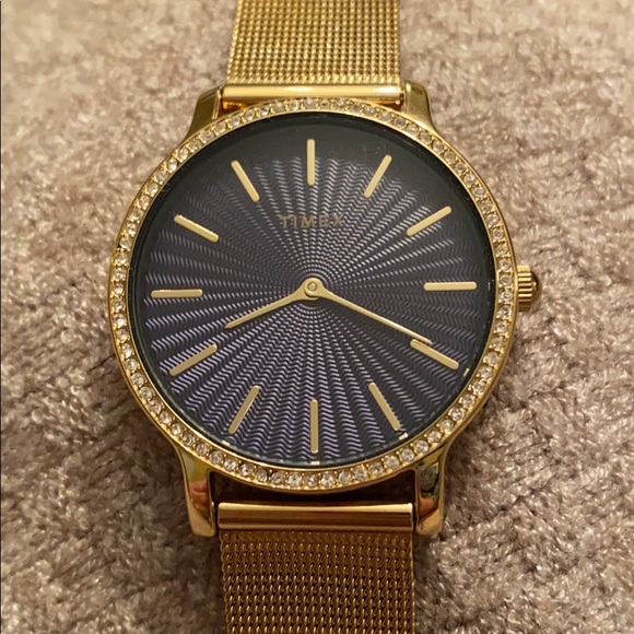 Timex Goldtone Watch With Diamond Accent Blue Face - Picture 1 of 5